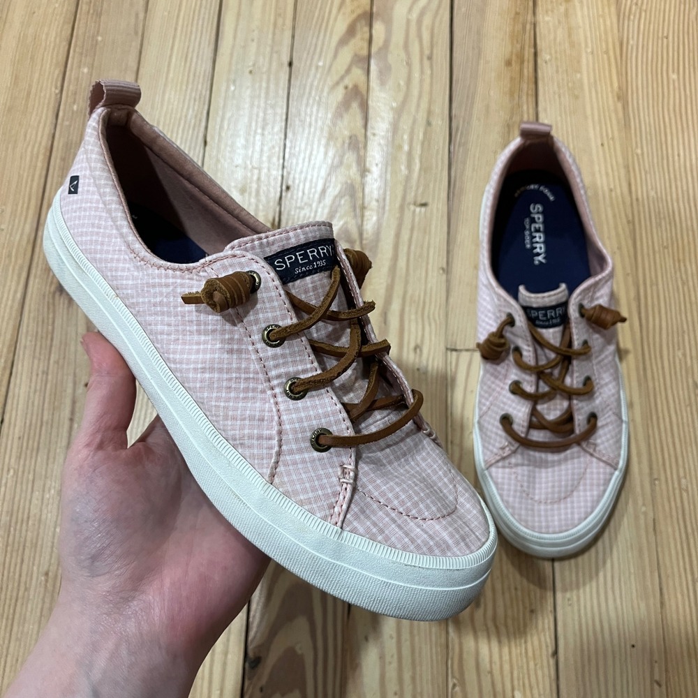 Sperry Crest Vibe Sneaker Womens 8 Pink Gingham Canvas Slip On Rawhide Laces